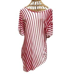 Allum red and white striped tunic with asymmetrical hem.